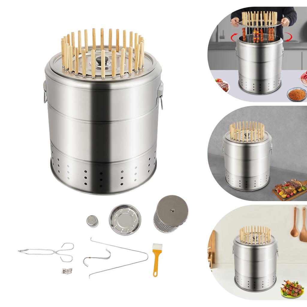 201 Edelstahl Holzkohle Grill, Silber 28 Spieße Zylinder Tragbarer Barbecue Holzkohle Fass Grill 39*43cm für Picknicks