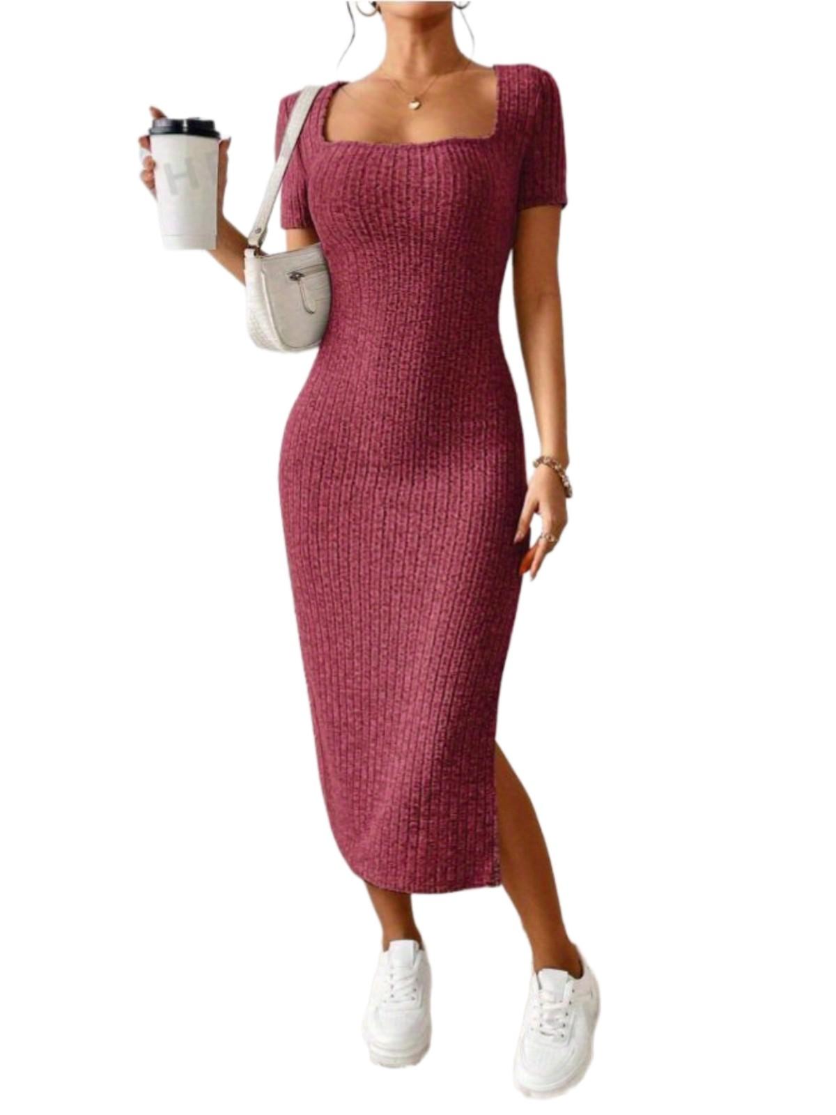 

Women s Summer French Square Neck Side Slit Hip Hugging Slim Fit Dress XS