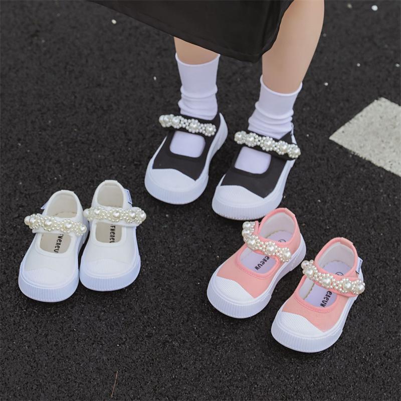Baby Children Casual Canvas Shoes Girls Soft-Soled Non-Slip Sneakers Breathable Solid Color Imitation Pearl Kids Shoes