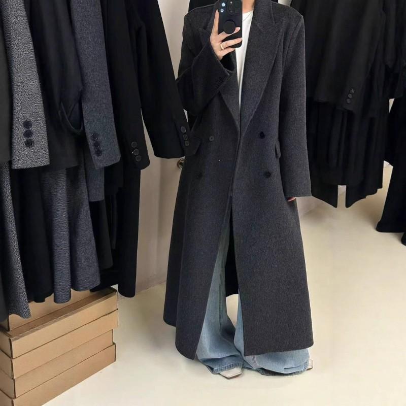 Womens Wool Blend Double-Sided Coat Mid-Length Loose Fit Korean Style Casual Overcoat With Notched Lapel Double Breasted