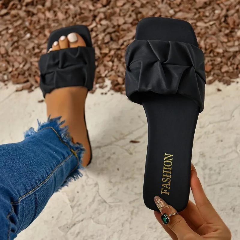 Fashion Shoes for Women 2024 Hot Sale Square Toe Women Slippers Summer Open Toe Solid Light Casual Flat Comfortable Large Size Slippers