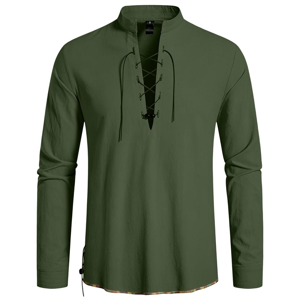 Men's Casual Hippie Style Drawstring Collar Long Sleeve Shirt Cotton Linen Blend Lightweight Comfortable Top for Everyday Wear