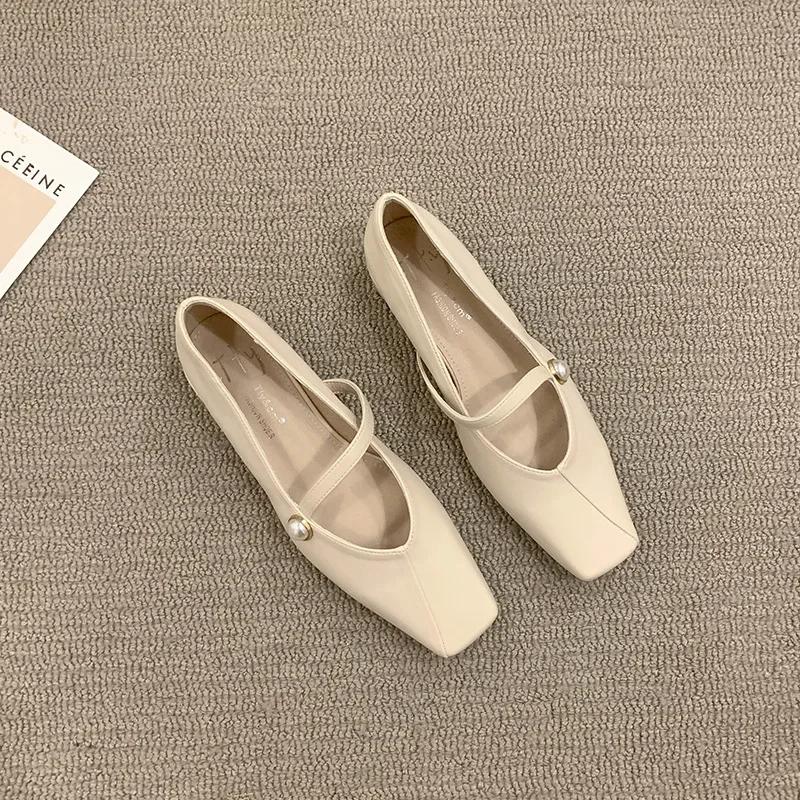 Fashion Woman Flat Shoes 2025 Autumn New Flat Bottomed Pearl Square Toe Comfortable Banquet Design Mary Jane Women's Shoes Zapatos Mujer
