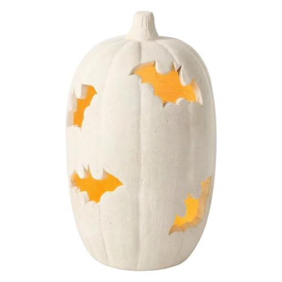 Dekoracja Festiwalowa Jesienna, Dynia Halloweenowa Figurka Żywiczna, Nietoperz Wycinany Lampion z Wewnętrznymi Zewnętrznymi Akcesoriami Świątecznymi, Ciepłe Światło, Straszny Domowy Stół