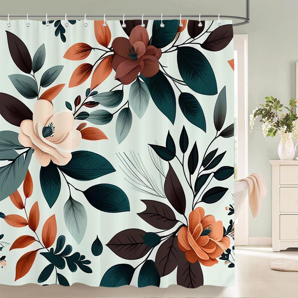 Plum Blossom Flower Leaves Shower Curtain Watercolor Plant Floral Pattern Waterproof Polyester Bathroom Curtain Decor With Hooks
