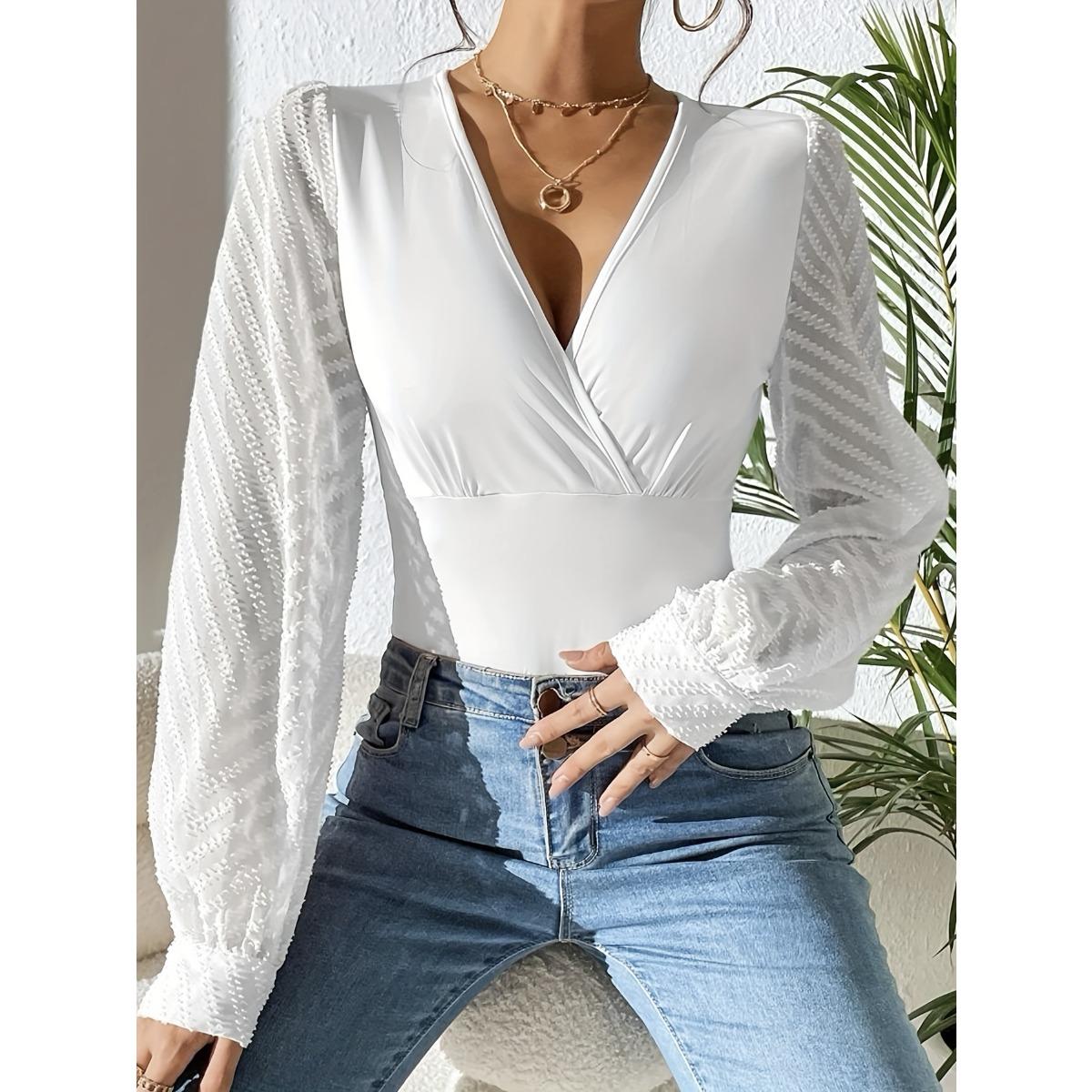 Women s V Neck Long Sleeve Slim Fit Streetwear Textured Puff Sleeve Top Solid Color Wrap Blouse For Spring Daily Outfit S белый