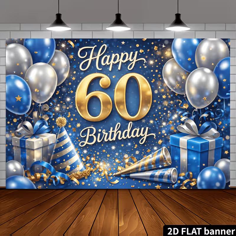 2D Blue Gold 60th Birthday Backdrop Happy 60th Birthday Photography Background