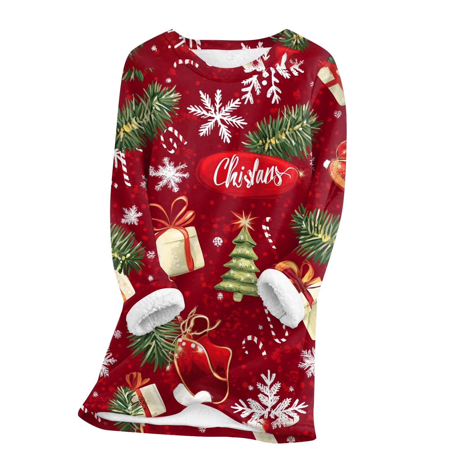 

Женский топ с круглым вырезом, с принтом, утолщенный плюшевый кашемировый теплый длинный топ с длинными рукавами M красный