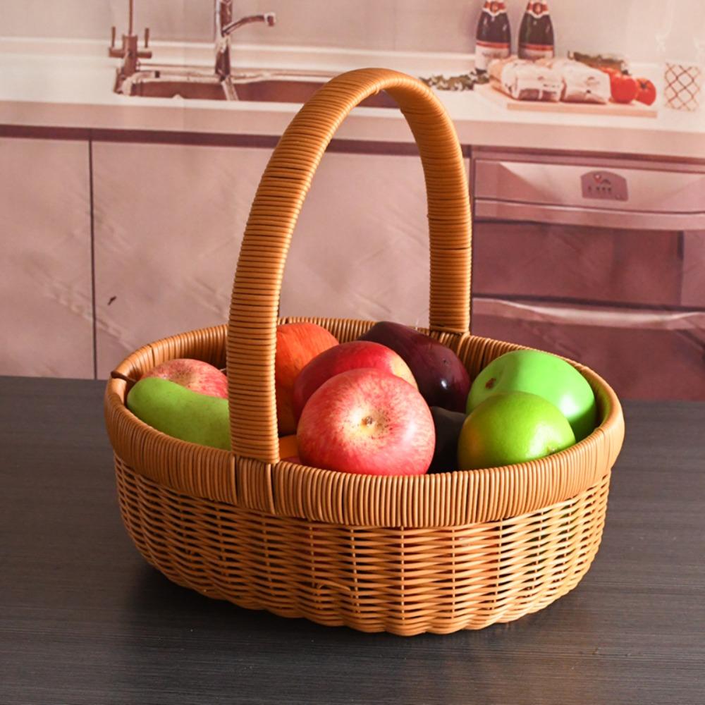 Handmade Bamboo Flower Basket Long Handle Fruit Storage Bin Kitchen Accessories