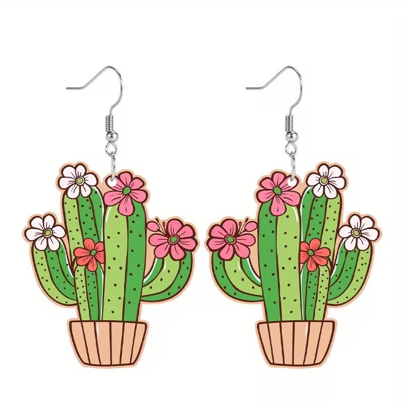 Cross-border New Spring Plant Cactus Potted Earrings 2D Flat Acrylic Mexican Five-section Earrings