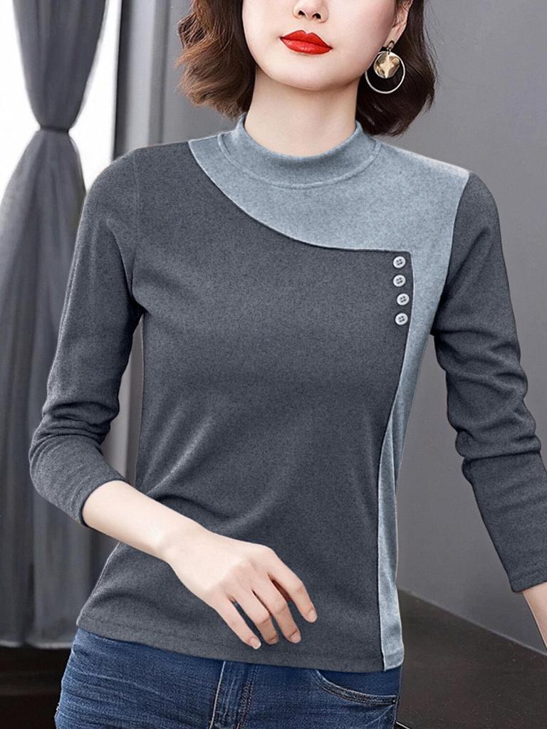 Women's Slim Thermal Patchwork Fleece T-Shirt for Autumn/Winter