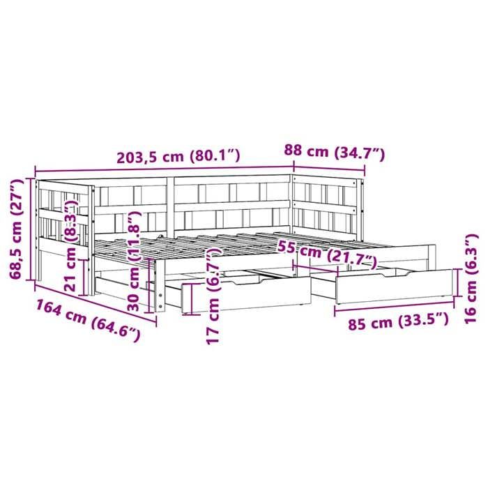 VidaXL Daybed and Trundle Bed and Drawers 80x200 Cm Solid Pine Wood, Sofa Bed, Guest Bed, Wooden Daybed, Bed 3302210