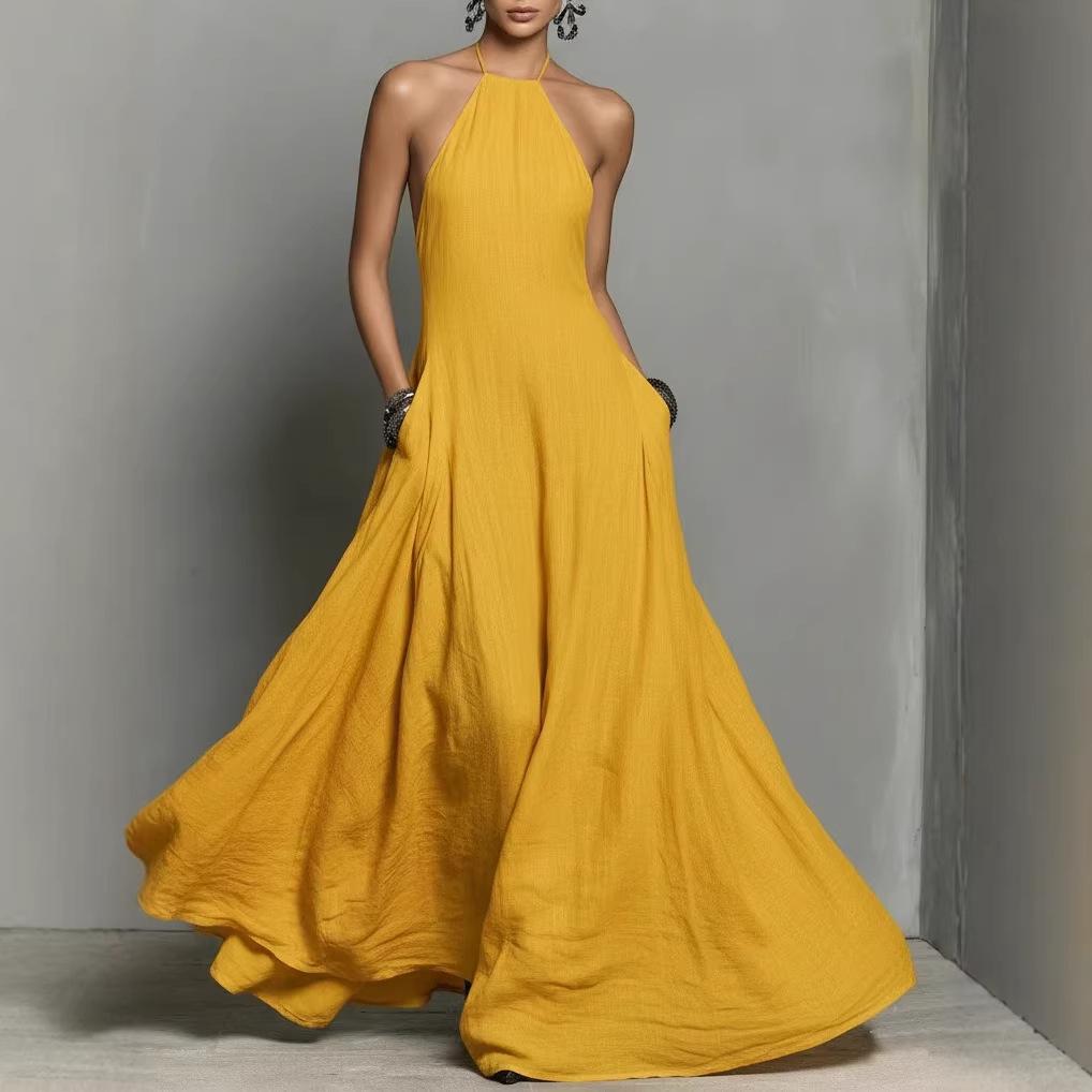 2026 European & American Spring/Summer Cotton Linen Blend Backless Sleeveless Long Dress