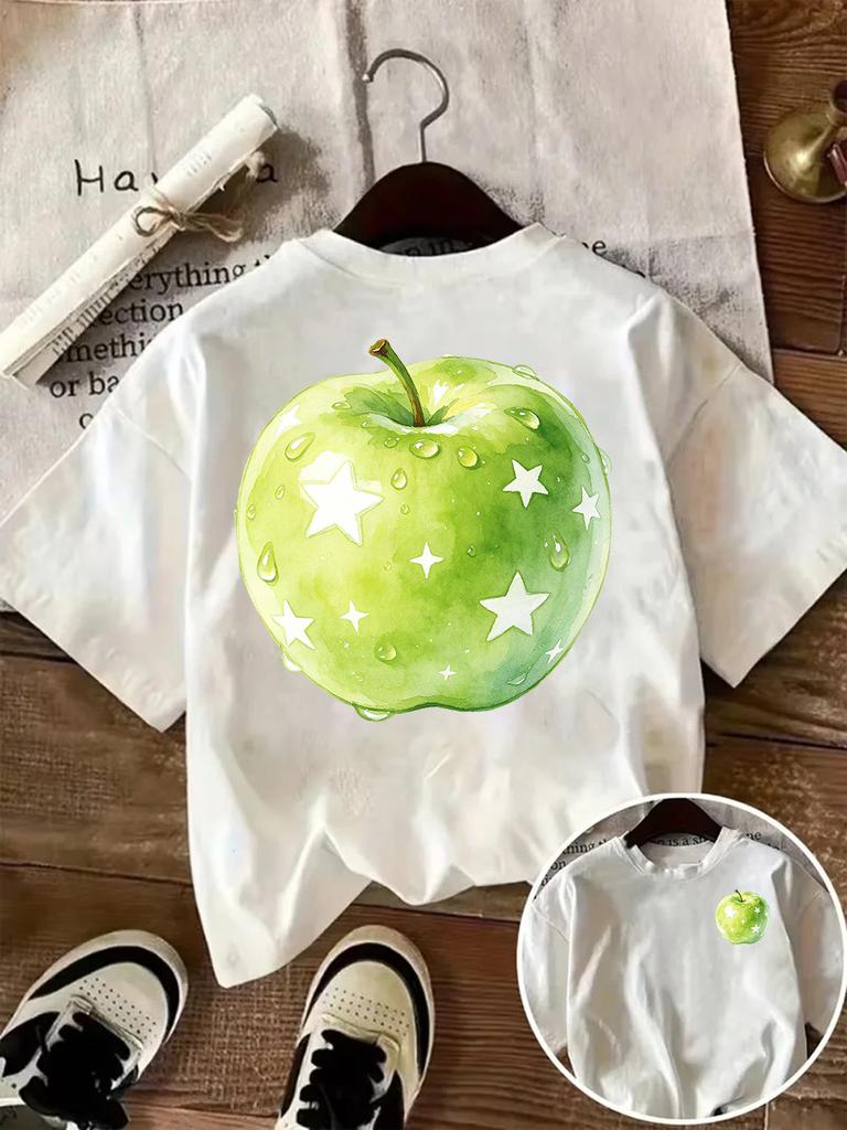 Zielone Jabłko Graficzny T-shirt Damski Uroczy Akwarelowy Nadruk Owocowy Koszulka Codzienny Krótki Rękaw Letni Luźny Harajuku Estetyczny Top