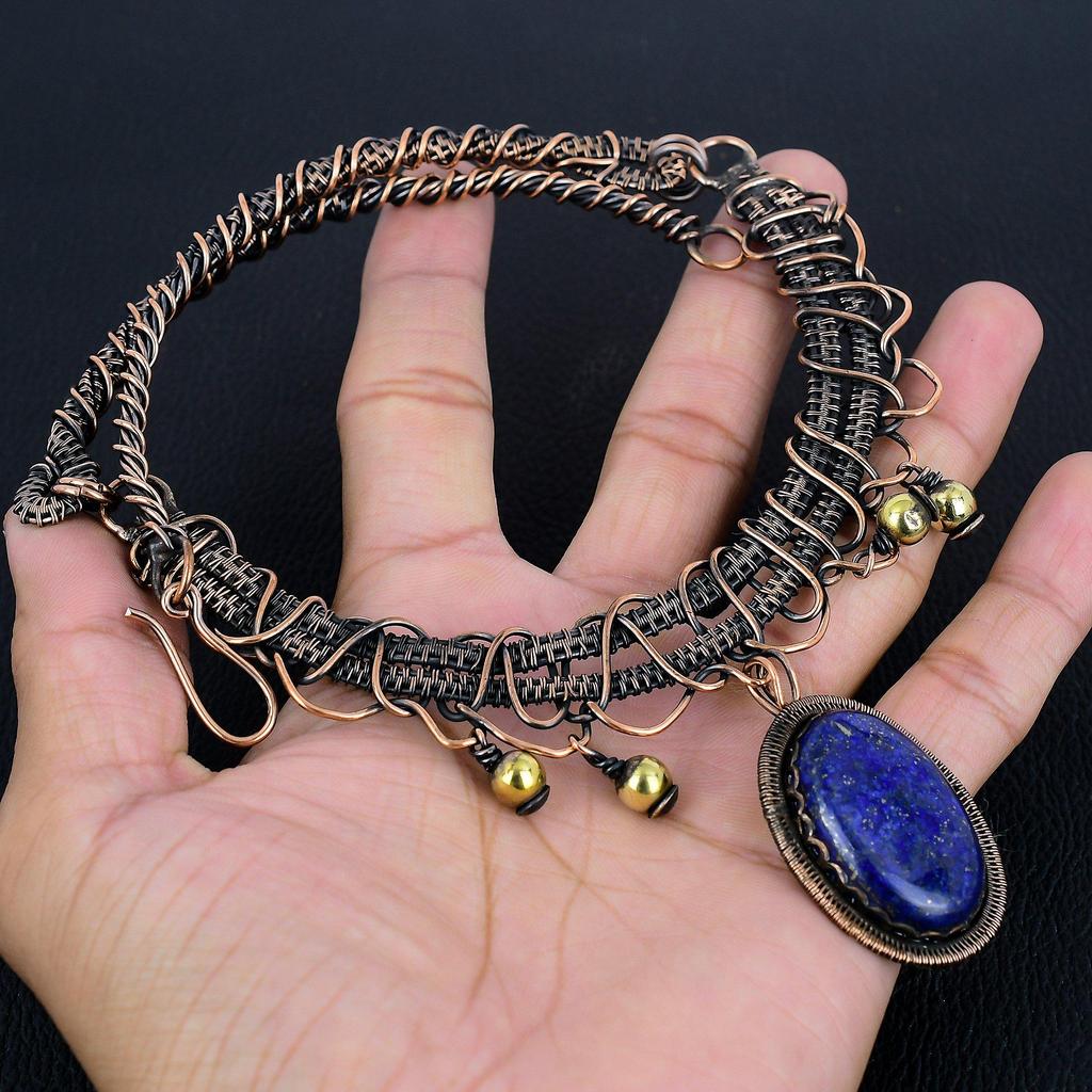 Lapis Lazuli Necklace Handmade Jewelry, 999 Copper Wire Wrapped Necklace Designer Gemstone Jewelry Adjustable Chain Necklace Gift For Mom