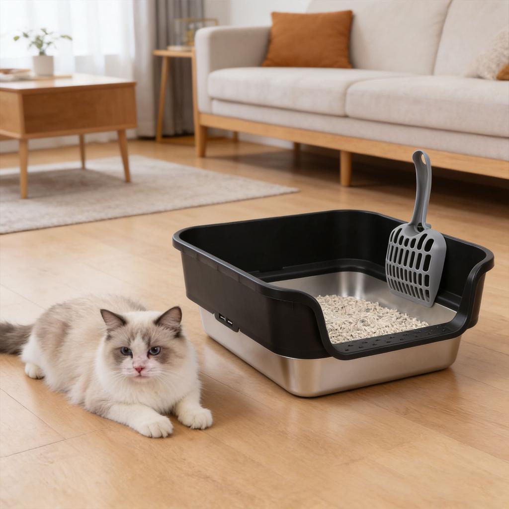 Cat Litter Box Large Size Open Top High Sided Easy Cleaning Stainless Steel Cat Litter Box for Home