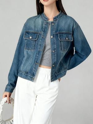 Women's Retro Slimming Wide Denim Jacket - Versatile, Classic Washed Top for Spring and Autumn