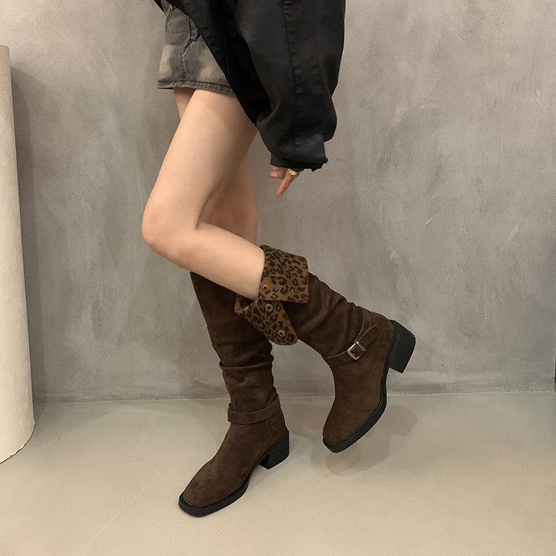 

Винтажные женские ковбойские сапоги с леопардовым принтом в западном стиле, модные слипоны, длинные ботильоны, элегантные женские сапоги на толстом каблуке, botas mujer 35
