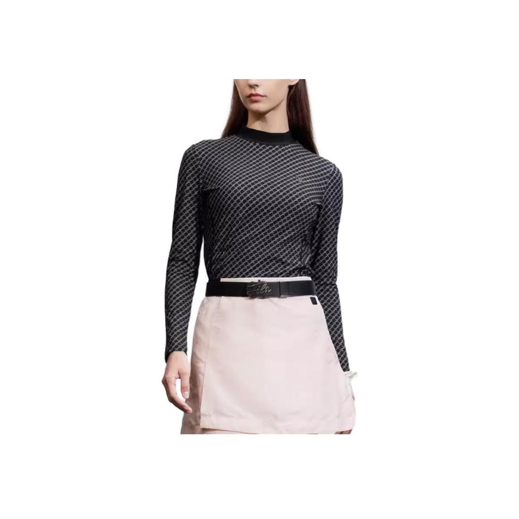 Fila SS24 All Over Print Mock Neck Long Sleeve Knit Top Women Tops Black A11W415215F-ZA