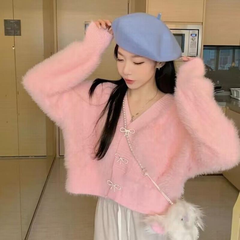 Svetr Cardigan Dámský Podzim/Zima Imitace norkového Fleece Svetr Dámské Sladká mašle s výstřihem do V Pletený svetr s jedním prsem