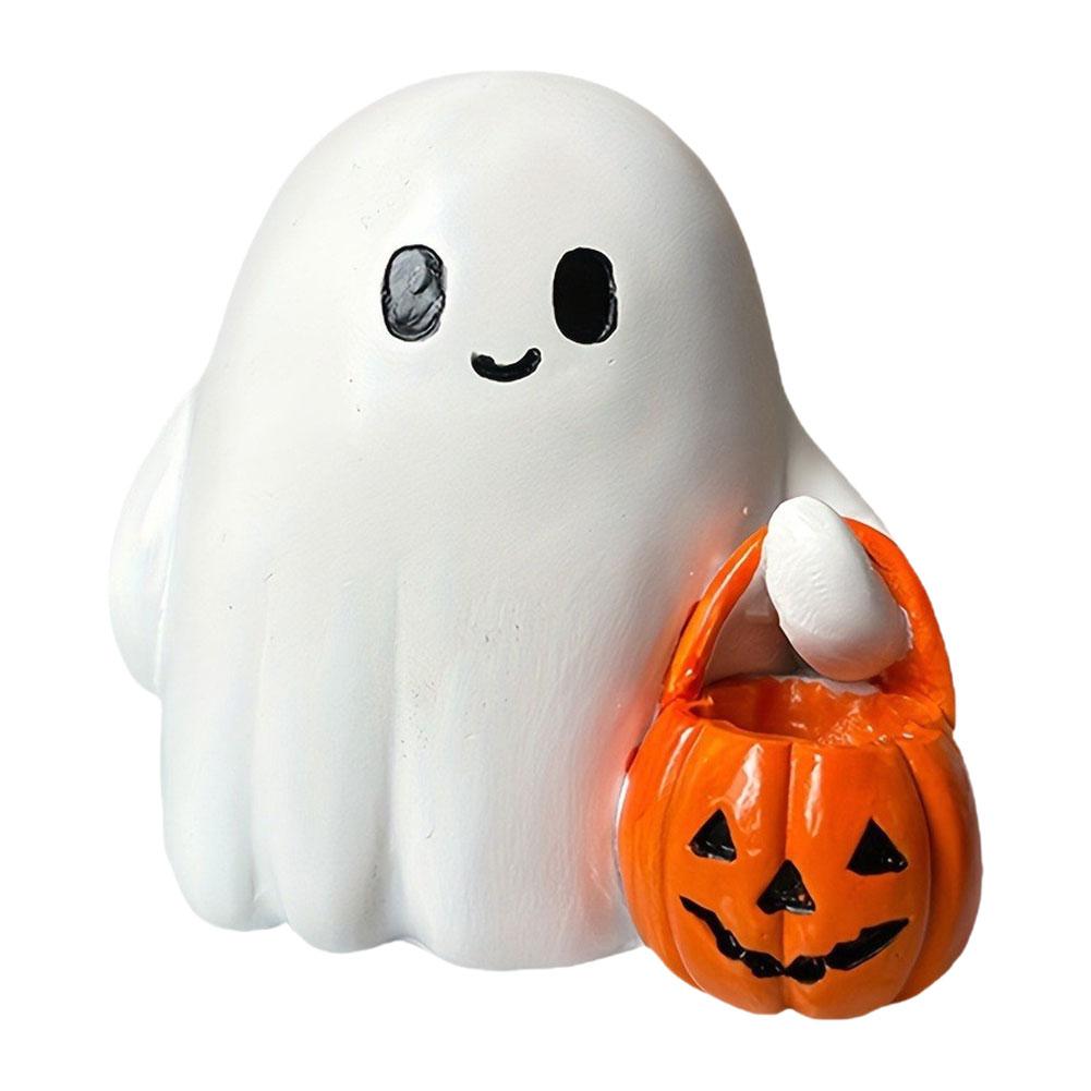

Halloween Ghost Figurine with Pumpkin Spooky Resin Ghost Statue Cute Ghost Figurine for Halloween Decorations
