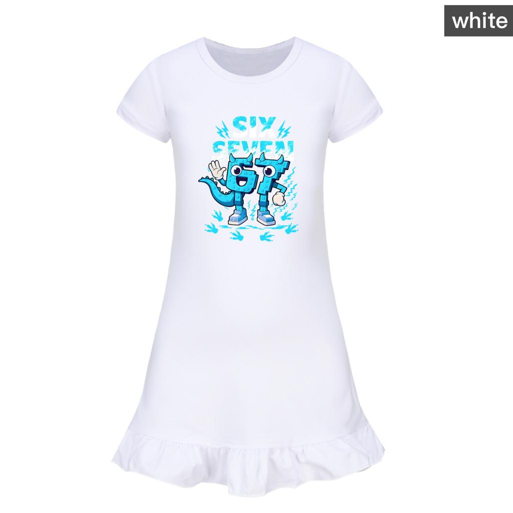 5192 Kids Girls Steal a Brainrot 67 Six Seven Printed Ruffle Short Sleeves Casual Dress