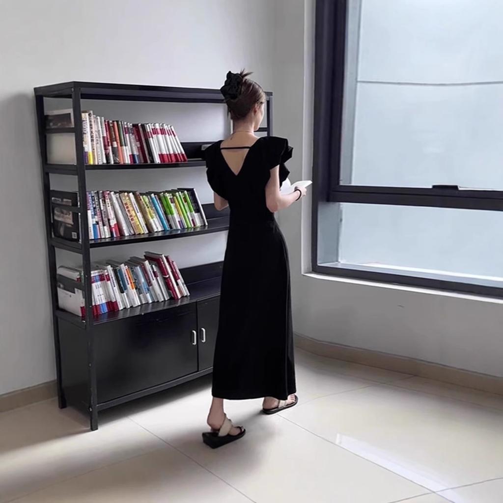 Black V-neck Small Flying Sleeve Dress for Children's Summer New Waist Temperament Dress
