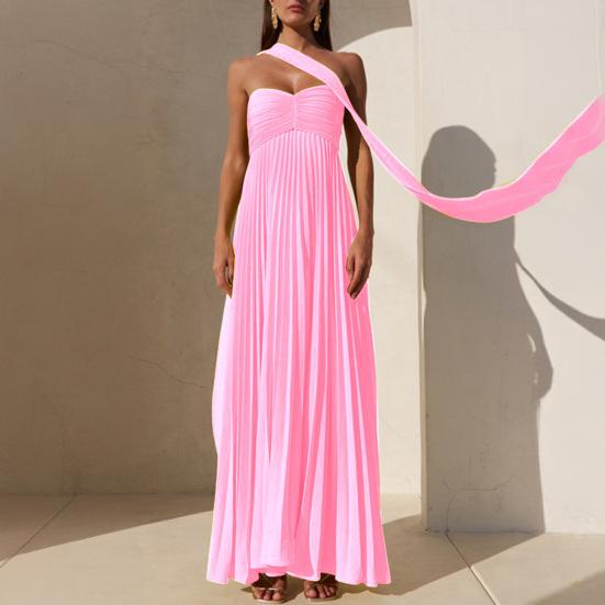 Women's Strapless Tube Top Maxi Dress Off Shoulder Pleated Long Dress