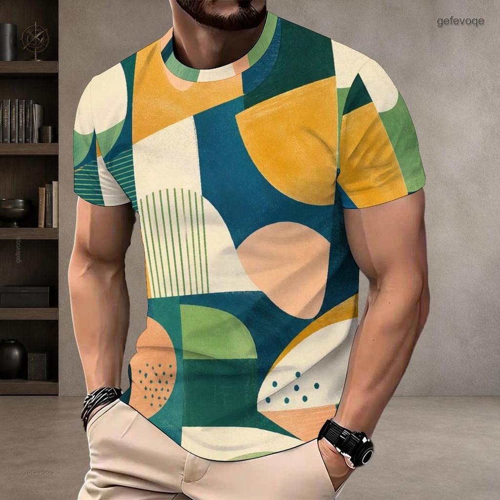 Men Plus Size Round Neck Short Sleeve T Shirt Abstract Geometric Printed Multicolor Casual Pullover