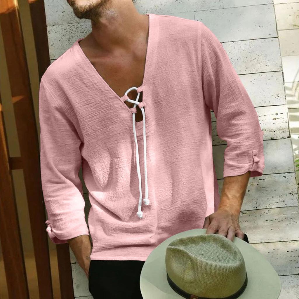 Men's Casual Relaxed Trendy Beach Cotton And Linen Top - Men's 7-inch Sleeve Long Tie-