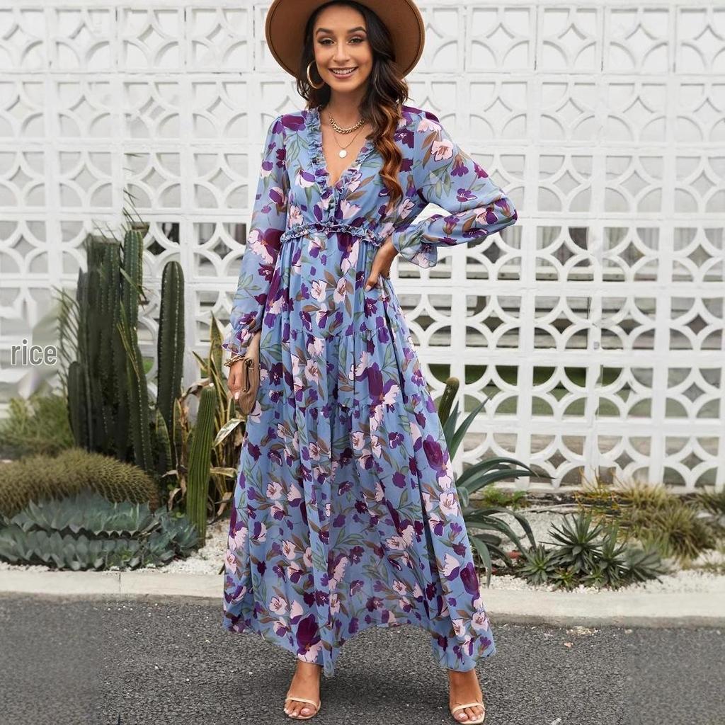New Long-Sleeve European & American Women's Fashion Print Evening Dress