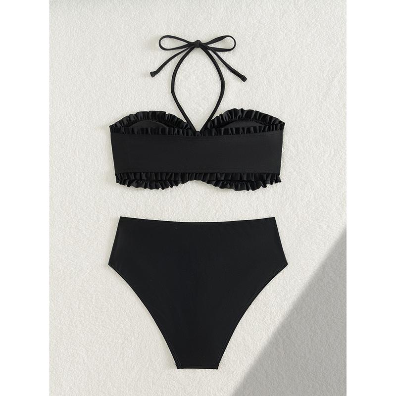 Solid Color 2 Piece Swimsuit Sexy Ruffle Strapless Backless Bikini Set Beach Vacation High Waist Swimwear Bathing Suit