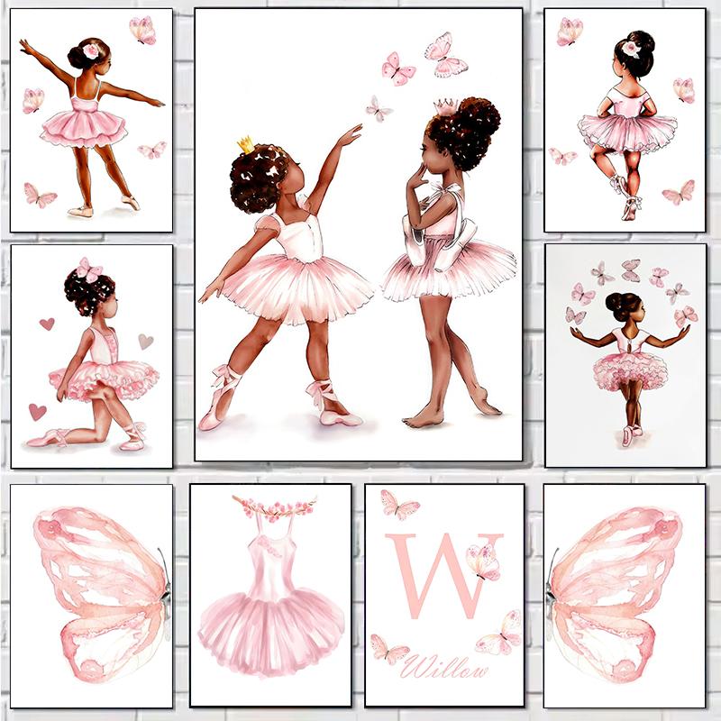 Black Little Girl Ballet Canvas Painting Butterfly Wing Wall Art Nordic Posters And Prints Wall Pictures Baby Kids Room Decor Unframed