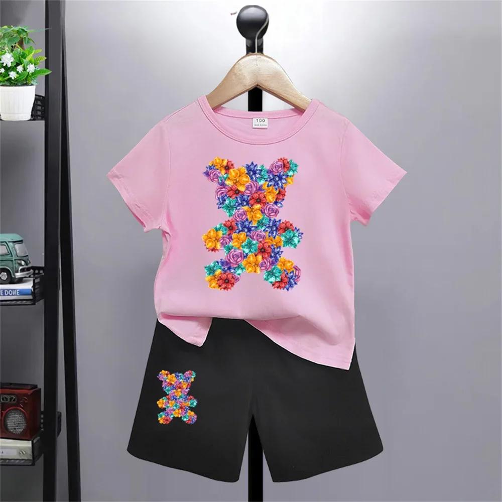 Bear Pattern Kids T-shirt Pants Kawaii T-shirt  Anime Cartoon Kids Casual Clothing 2-piece Set Kids Girls Boys Fashion Y2K