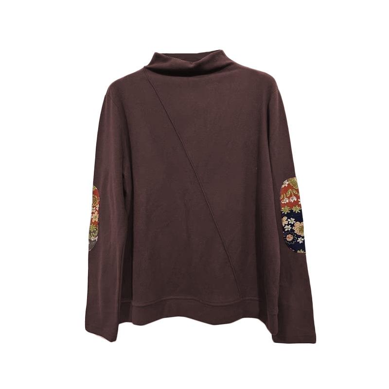 Maillard velvet long-sleeved semi-turtleneck long-sleeved bottoming shirt popular splicing design sticker T-shirt women