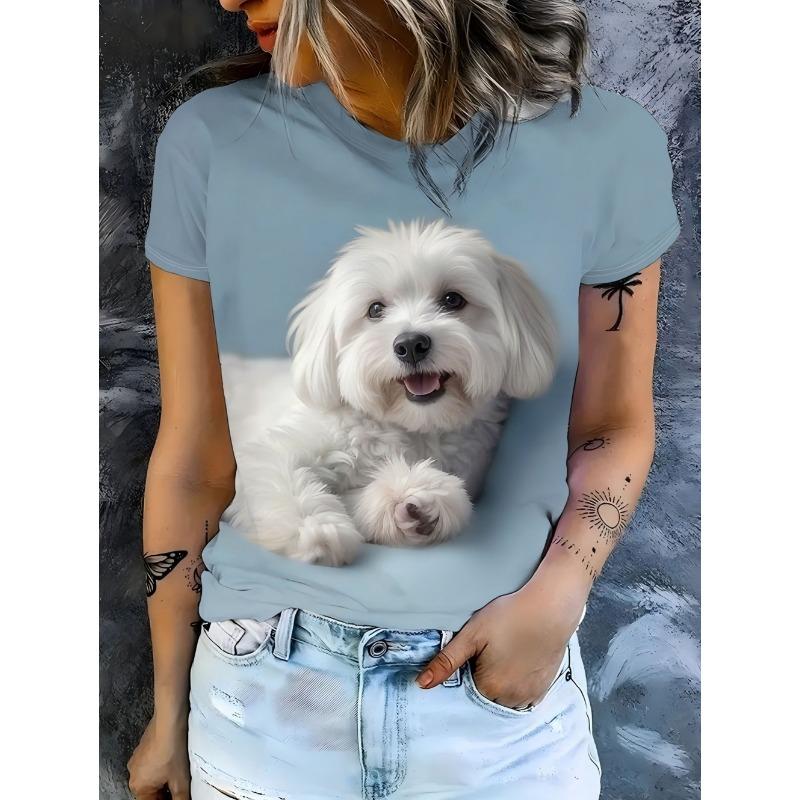 Women's Tops Trend T Shirt 3D Dog Graphic Printing Summer Breathable Round Neck Short Sleeved Top Fashion Clothes for Woman