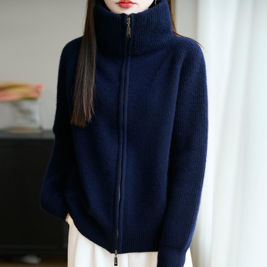 100 Wool Knitted Cardigan Women'S Jacket Autumn And Winter New Loose Thickened Sweater Single Zipper Versatile Sweater Stand-Up Collar
