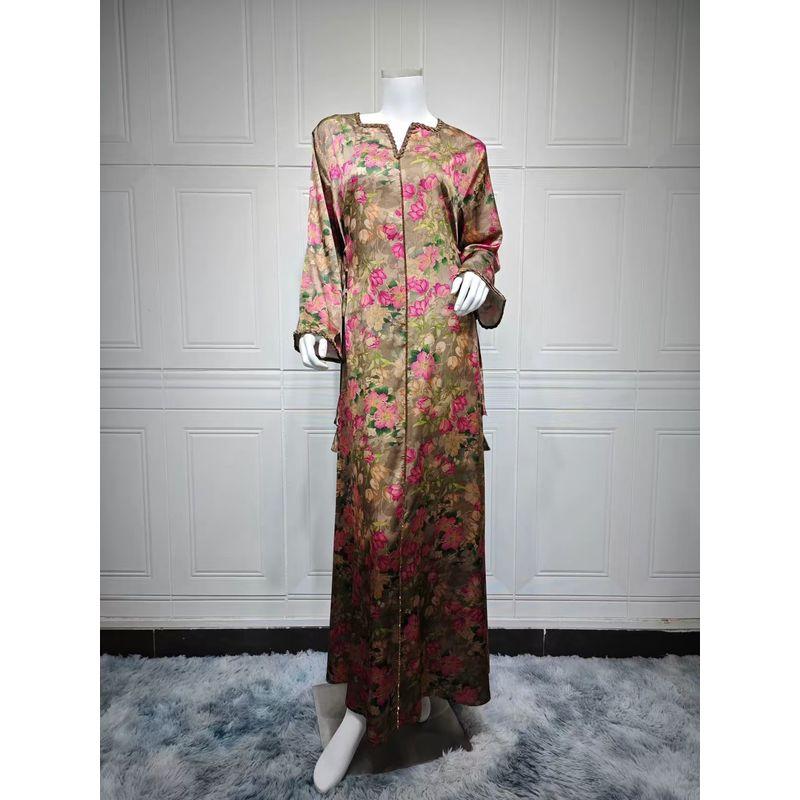 

New Middle East Fashion Print Hot Drilling Robe Dress Printed Diamond Studded Dress Brown XL