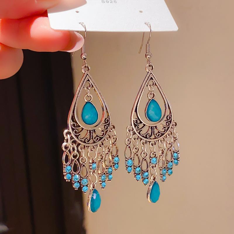 Retro Silver Needle Zircon Glass Water Drop Earrings Court Temperament Stud Earrings Personality Trend Versatile Earrings Women