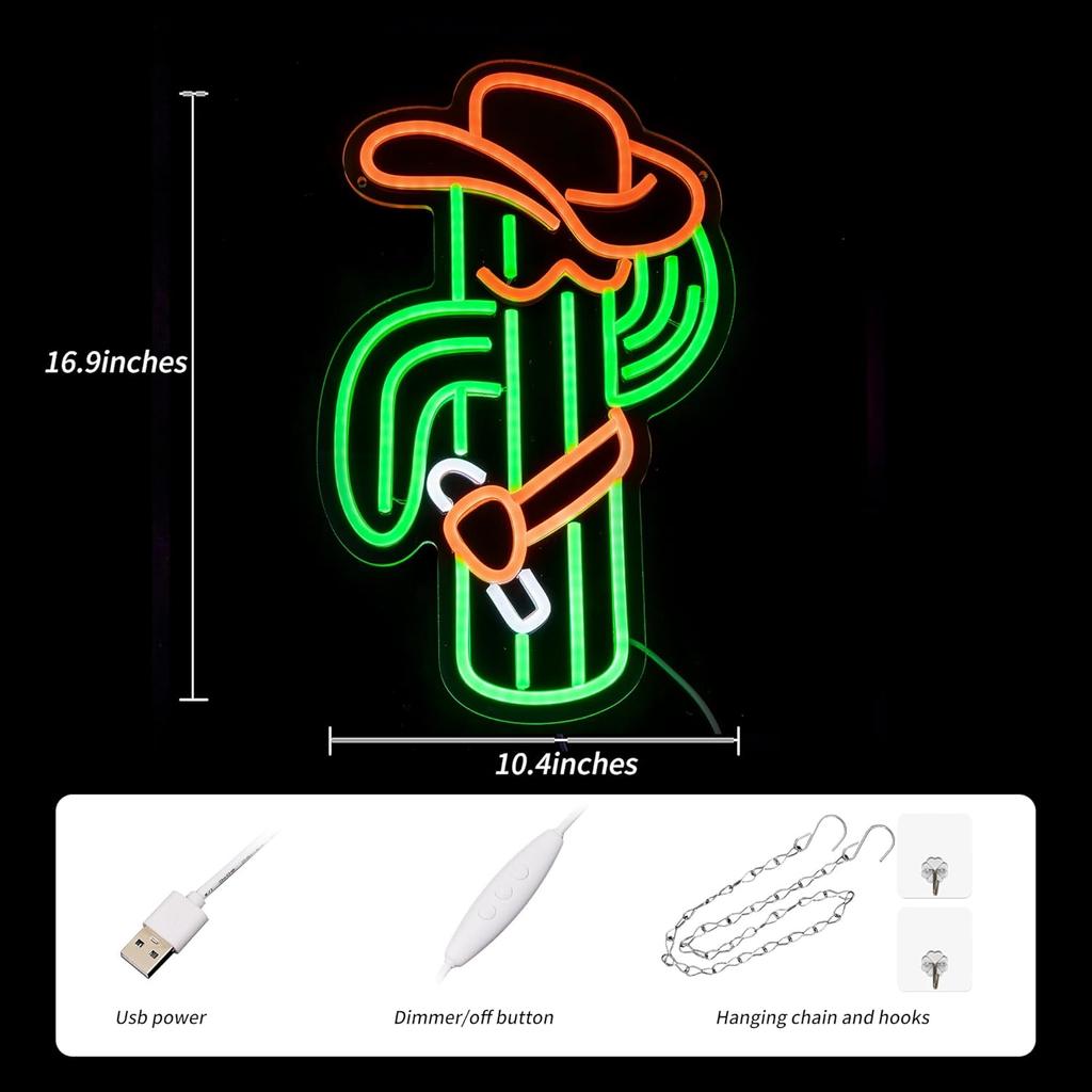 Cactus Neon Sign Cowboy Hat Neon Light for Wall Decor Cowboy Led Neon Sign Colorful Led Neon Light Plant Neon Signs for Bedroom Bar Game Room Man