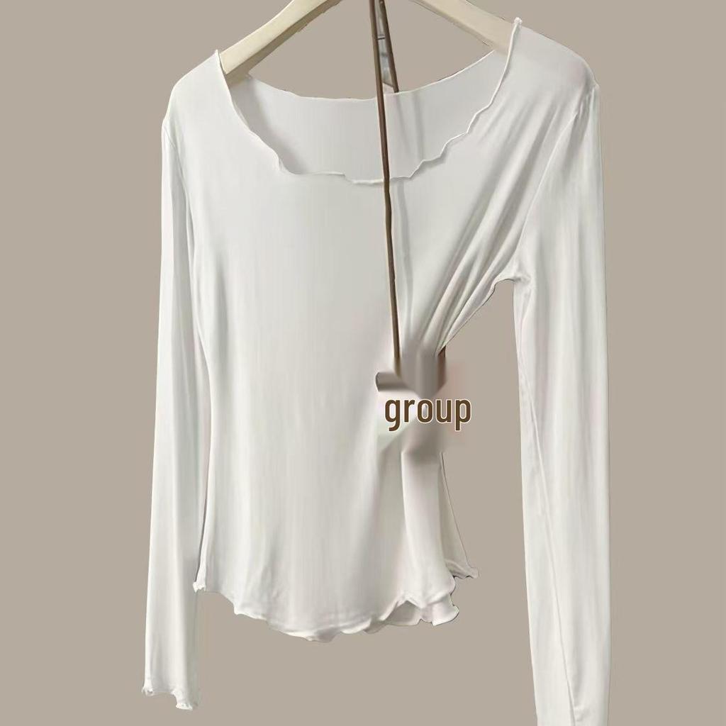 Women's Autumn Modal Ribbed Top: Round Neck, Long Sleeve, Rolled Hem, Base Layer T-Shirt