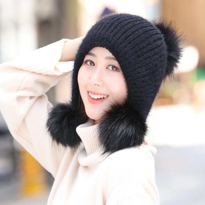 Neue Hohe Qualität Warme Mütze Frauen Kaninchen Fell Winter Hut Weibliche Mode Fügen Pelz Gefüttert Pompons Gestrickte Hut