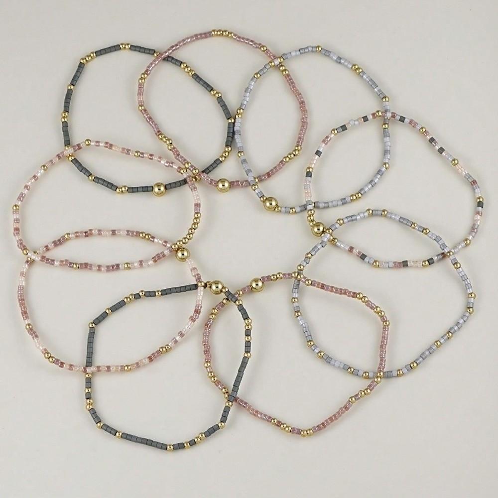 9pcs Set Multi-Layer Handmade Bracelet Set Elastic Bead Bangle Set Women Daily Wear