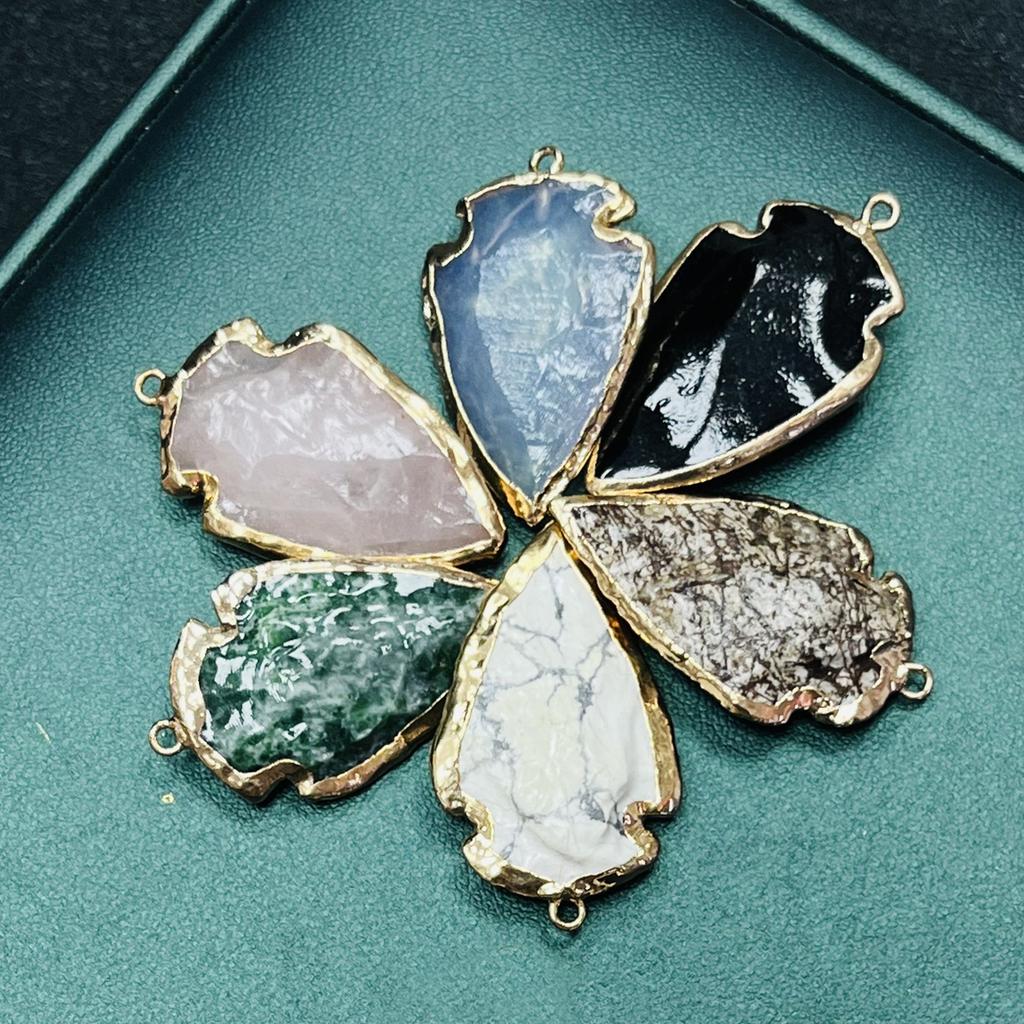 1Pc, Natural Stone Healing Crystal Arrow Pendant with Golden Edge, Boho Jewelry for Necklace Making & Daily Wear, 2026 Fashion Handmade Accessory