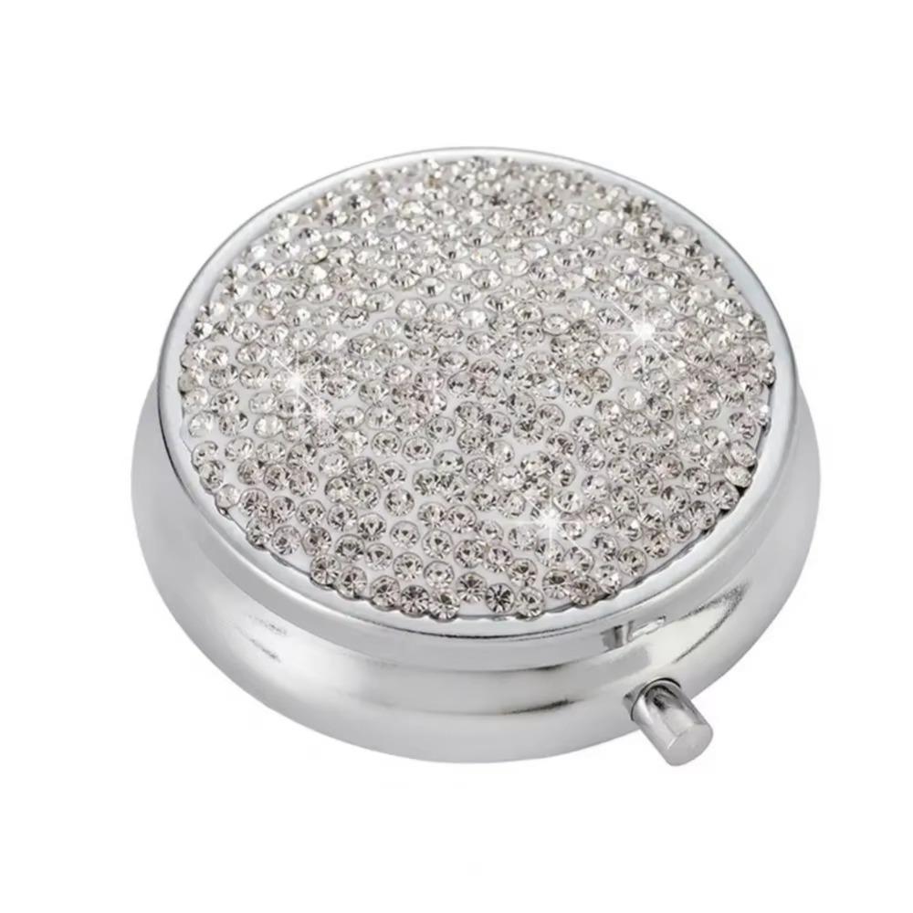 Mini Round Pill Box Bling 3 Compartment Pill Storage Box Sparkling Rhinestone Waterproof Pill Tablet Container Travel