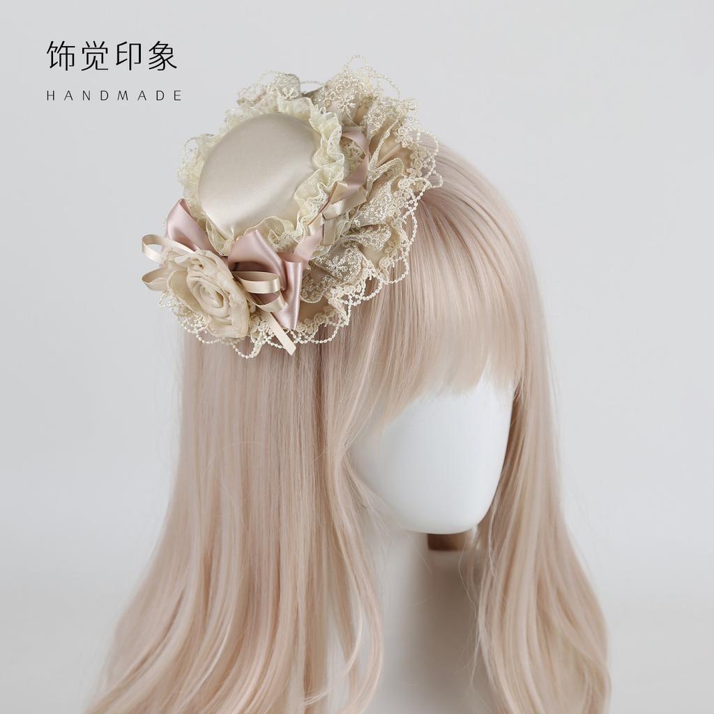 Cute and Sweet Top Hat Flower Ball Lace Rose Jewelry Original Handmade Lolita Headband