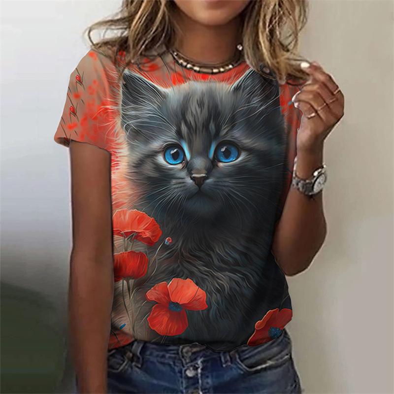 Cat pattern women's T-shirt animal 3D printing T-shirt summer casual round neck short sleeved T-shirt top Harajuku women's clothing