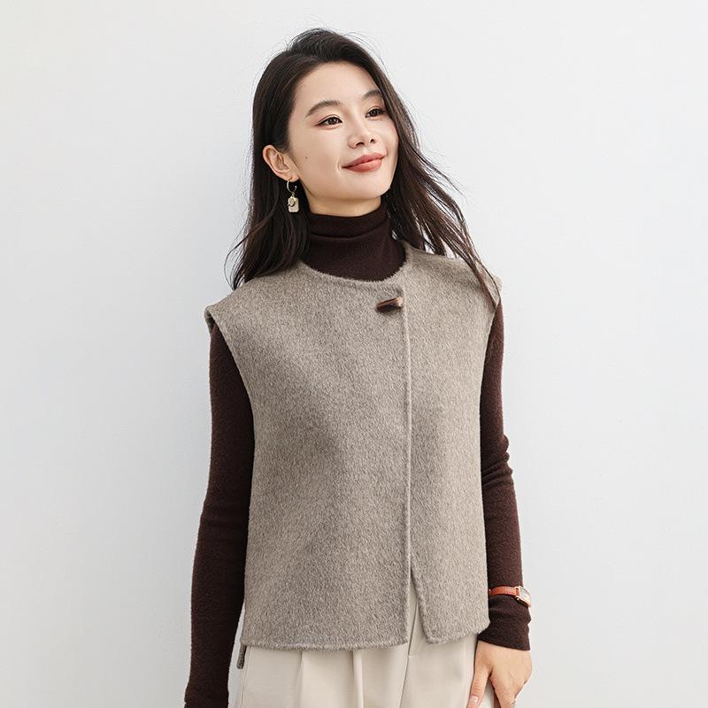 

2025 Осень/Зима Маленький женский двусторонний шерстяной жилет с V-образным вырезом - Высококачественный жилет без рукавов Small