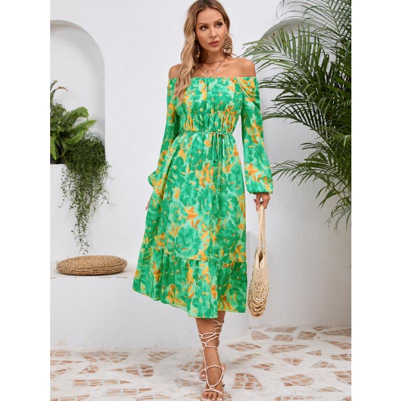 Spring and Autumn Women's Long Sleeve Printed Dress Slim Temperament Mid-Length Dresses