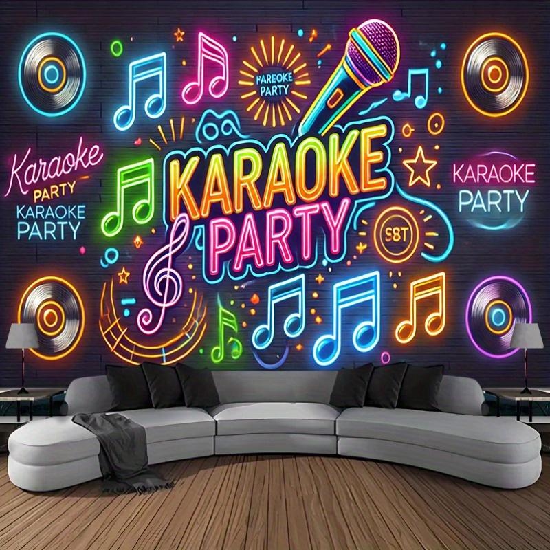Uno sfondo vivace al neon per una festa karaoke - con microfoni, simboli musicali e le parole "Karaoke Party"
